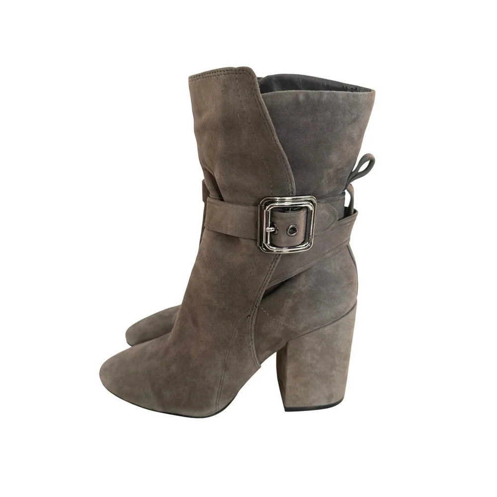 Vince Camuto Gray Suede Buckle Strap Slouchy Block Heel Ankle Boots Size 6M